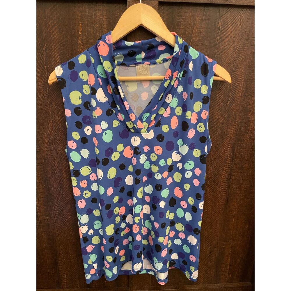 Anne Klein Blue Abstract Dot Cowl Neck Sleeveless Blouse Colorful Career Top L